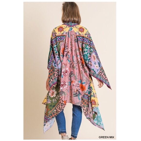 𝅺MIXED Scarf Print Angel Sleeve Open Front Kimono - Picture 4 of 10